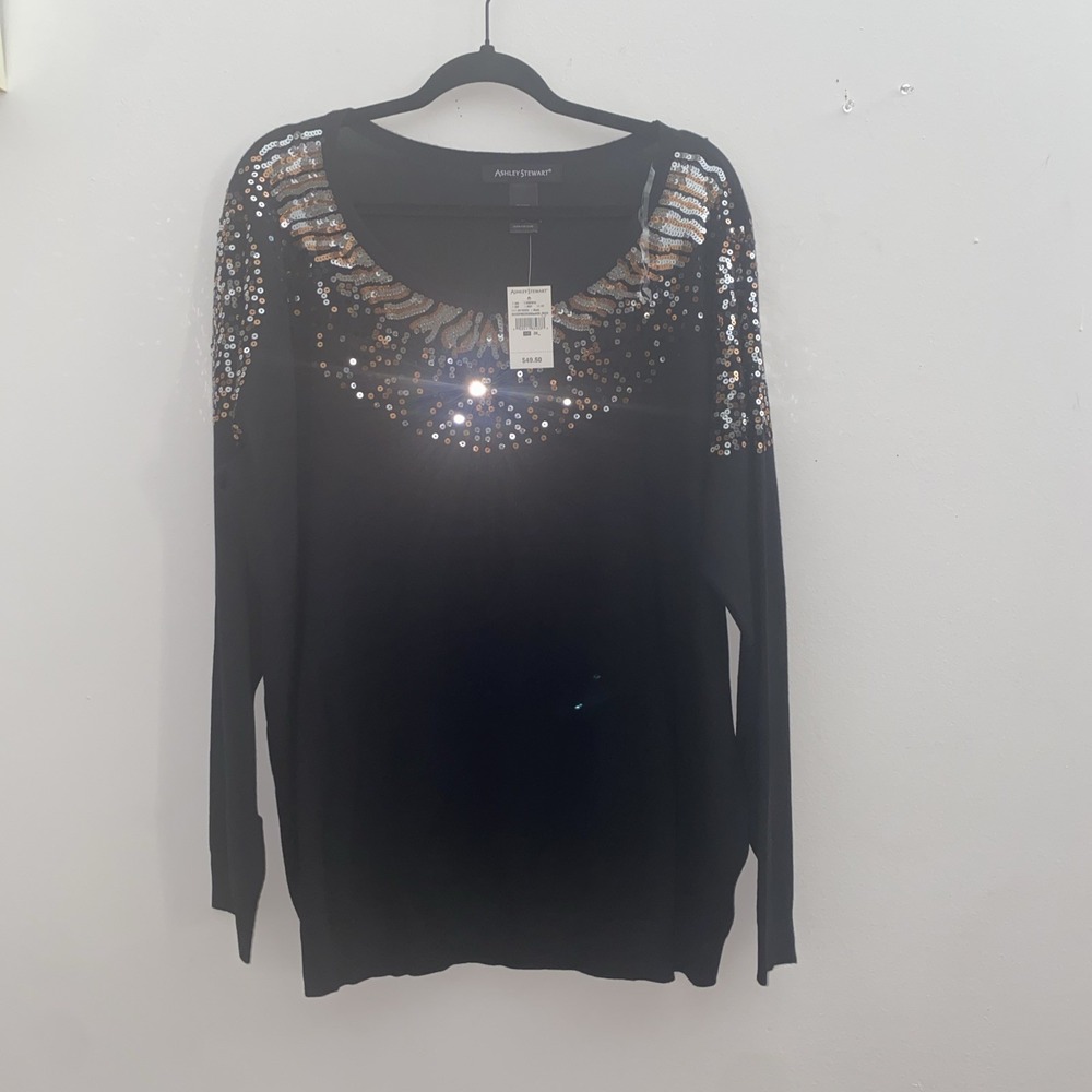 Ashley Stewart Black Sequin Sweater Top Size 26 NWT‎ Sparkly